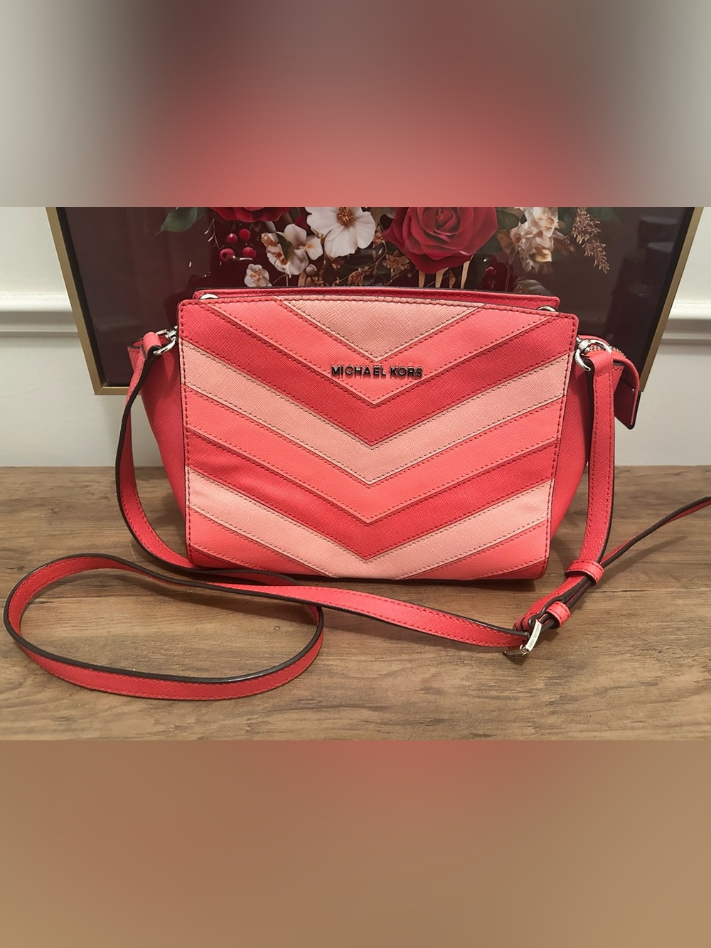 Michael Kors Coral and Pink Chevron Saffiano Leather Crossbody - Picture 3 of 9